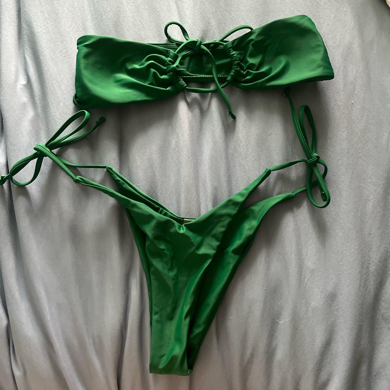 green tie bandeau bikini set - never worn! - size... - Depop