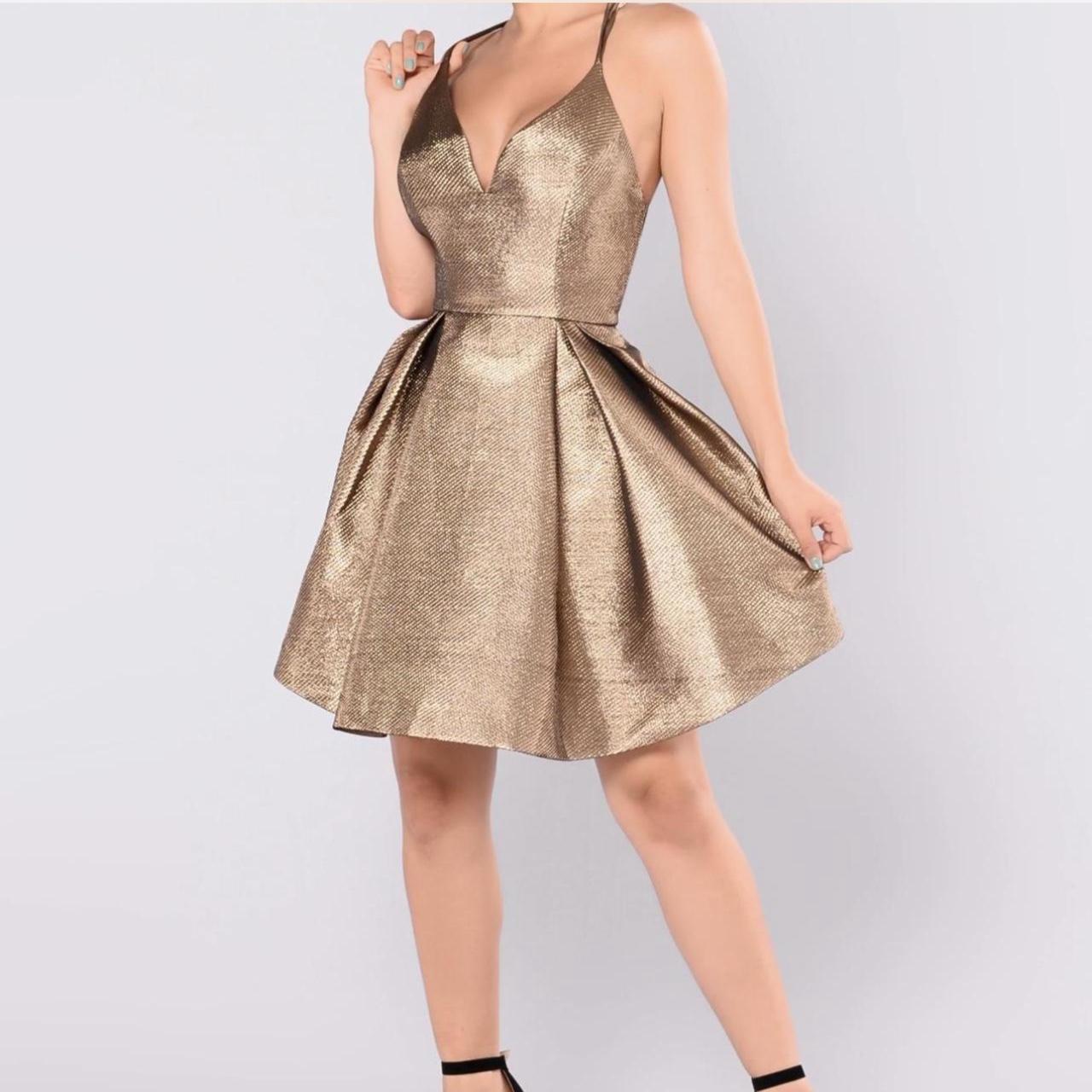 Fashion Nova Gold Metallic Fit and Flare Dress WORN