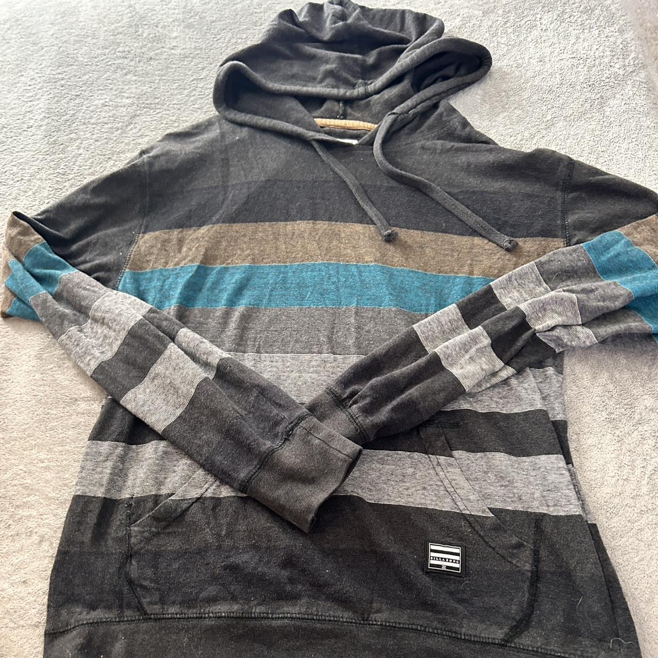 Billabong grey and blue striped hoodie Depop