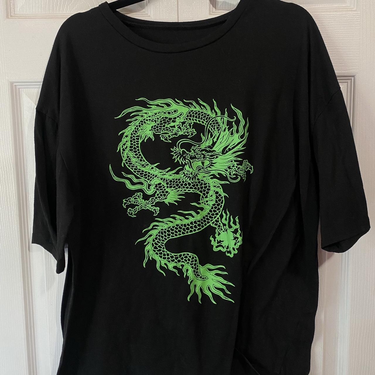 shein BLACK t shirt with GREEN dragon 3 perfect Depop