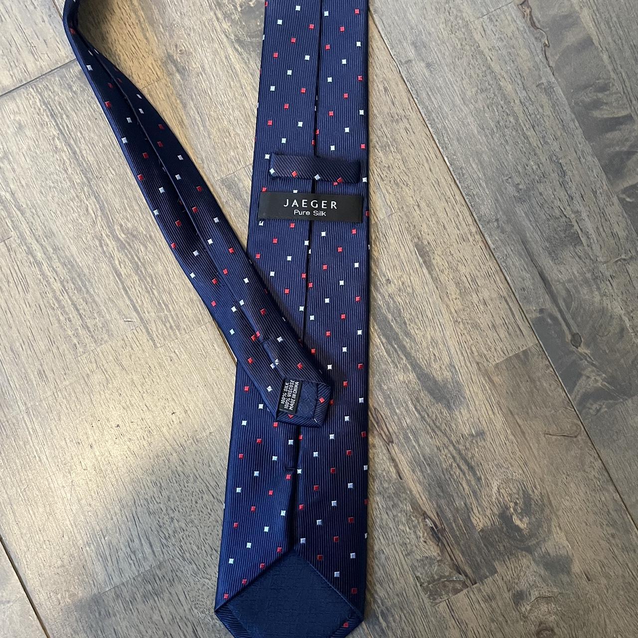 Jaeger navy tie with red and blue square pattern.... - Depop