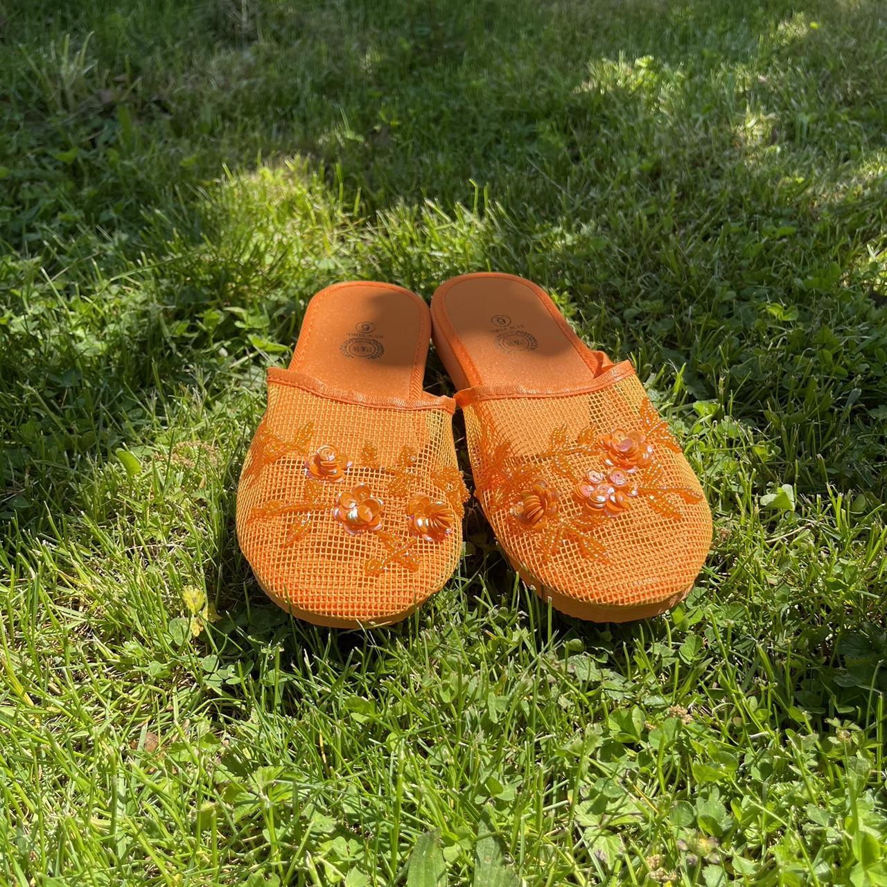 Mesh Slippers with Sequins In Color: Orange... - Depop