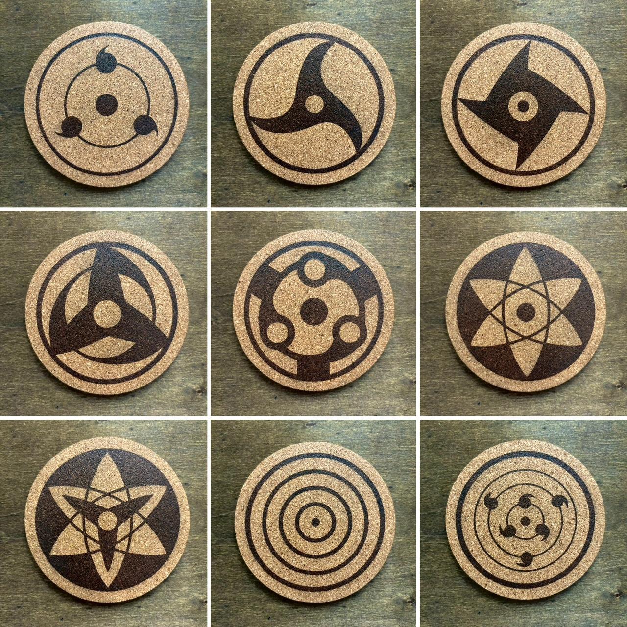 Naruto Dojutsu Anime Eyes Cork Coasters Lot of 9 •... Depop
