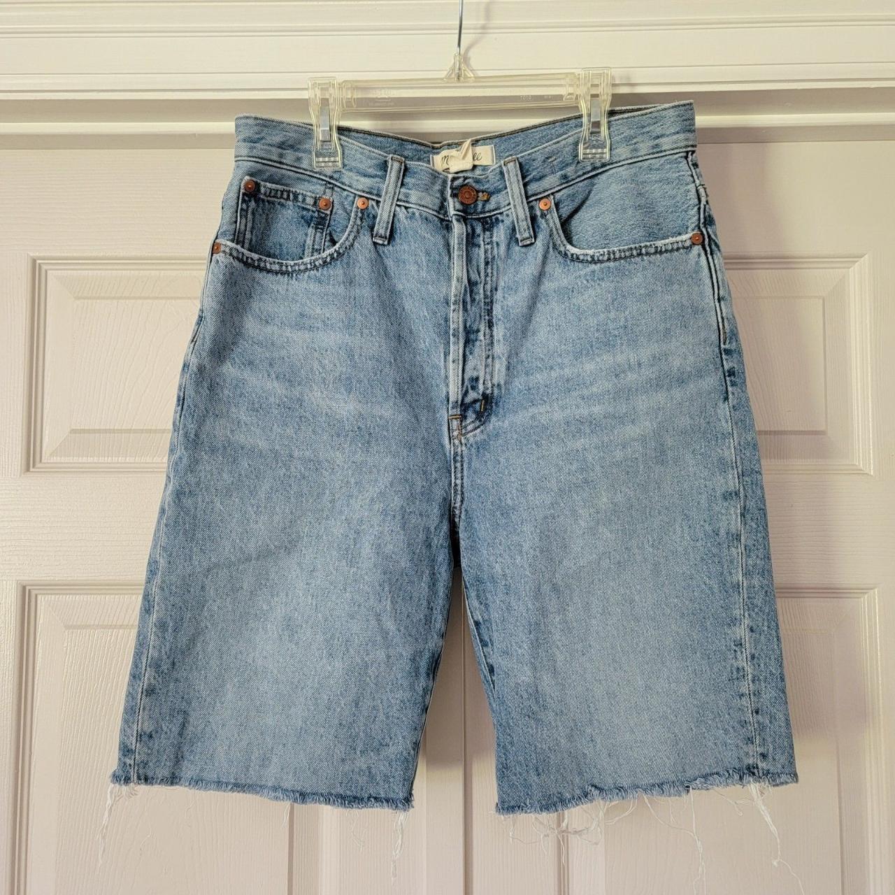 High-Rise Long Denim Shorts in Brightwater Wash Size... - Depop