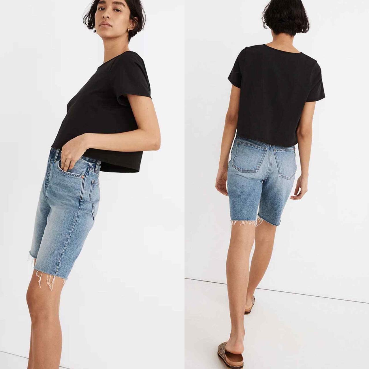 HighRise Long Denim Shorts in Brightwater Wash Size... Depop