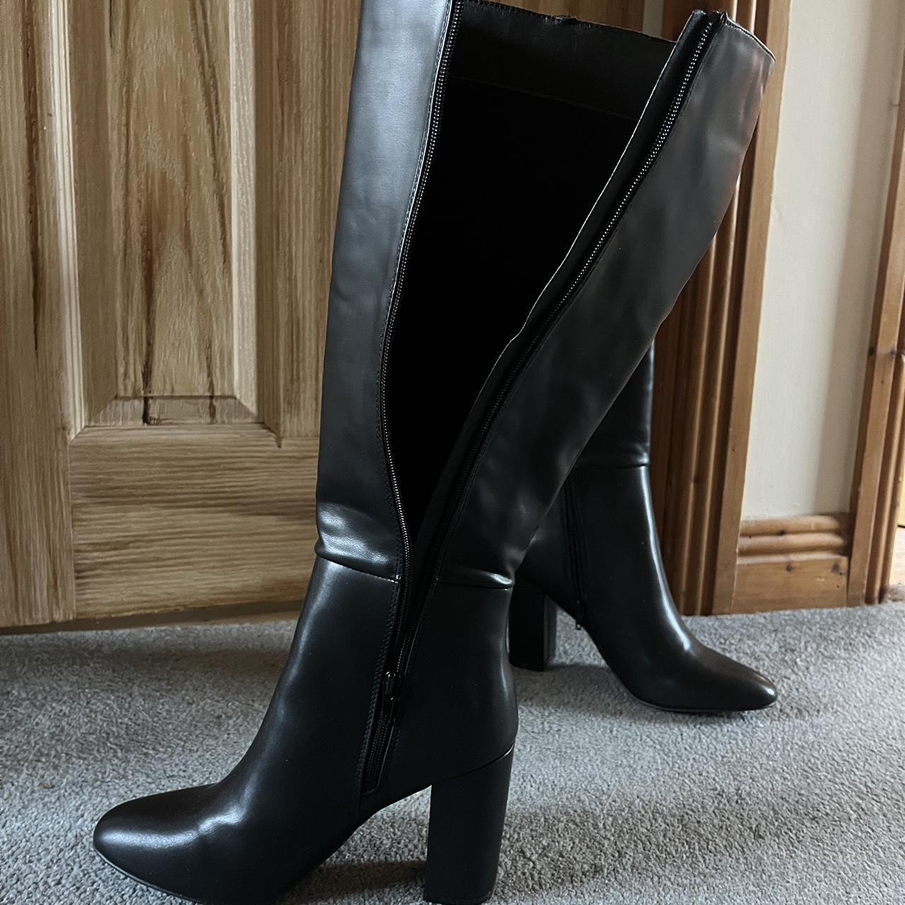 Knee high black faux leather boots with side... - Depop