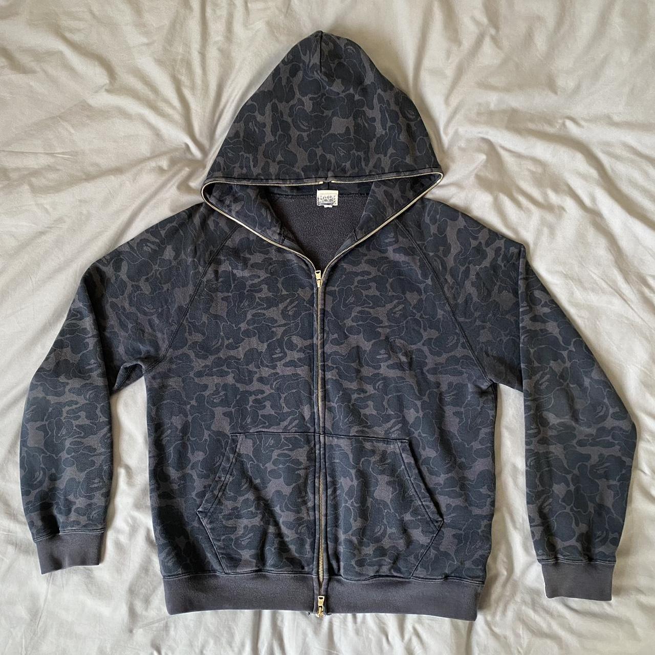 Navy bape zip-up hoodie Worn but no defaults and... - Depop
