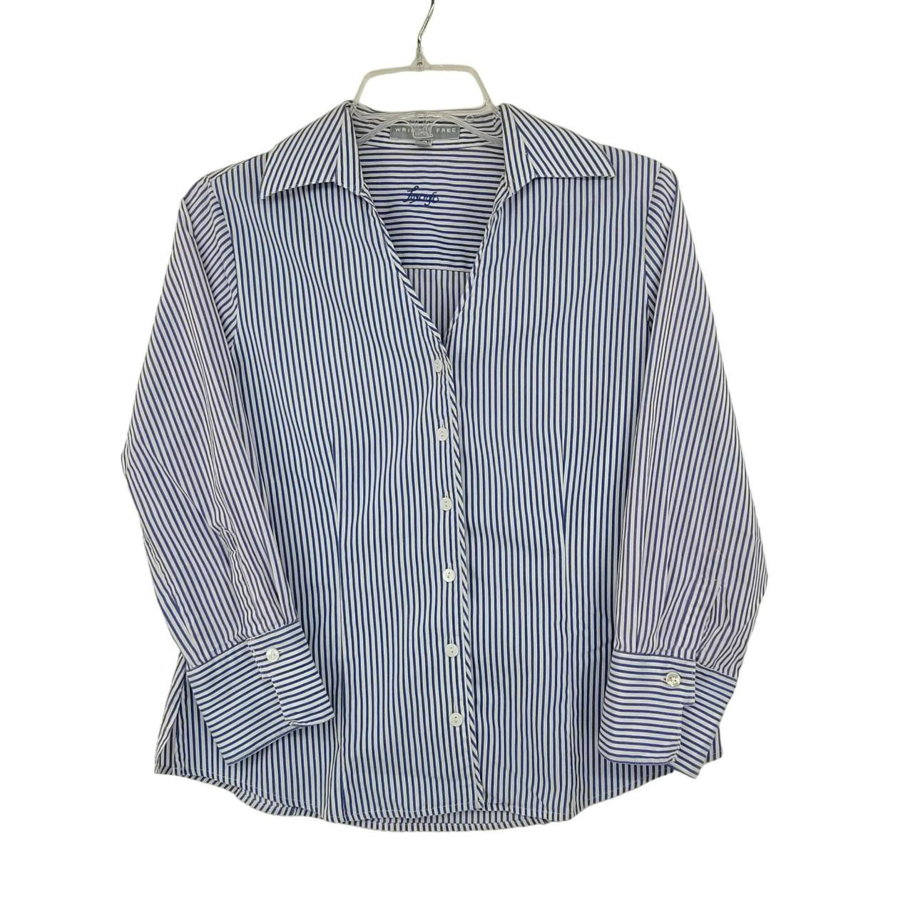 Foxcroft Women's Long Sleeve Button Down Shirt Blue... - Depop