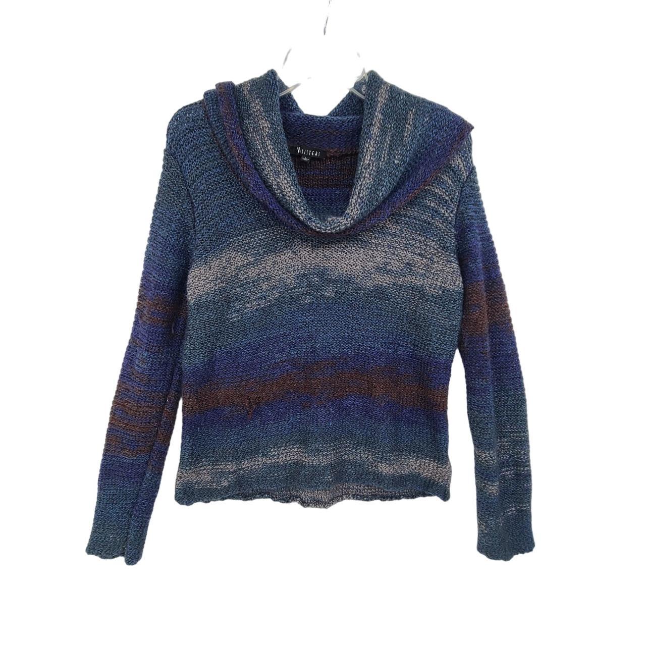 Sisters Women's Knit Cowl Neck Pullover Sweater Blue... - Depop