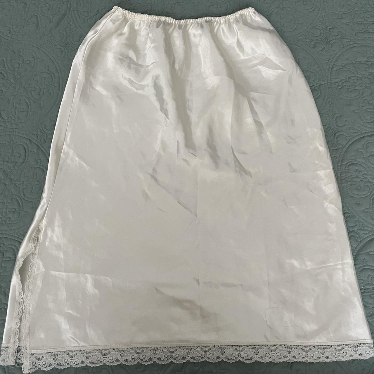 White Lace Midi Slip Skirt Satin with Lace Hemming... Depop