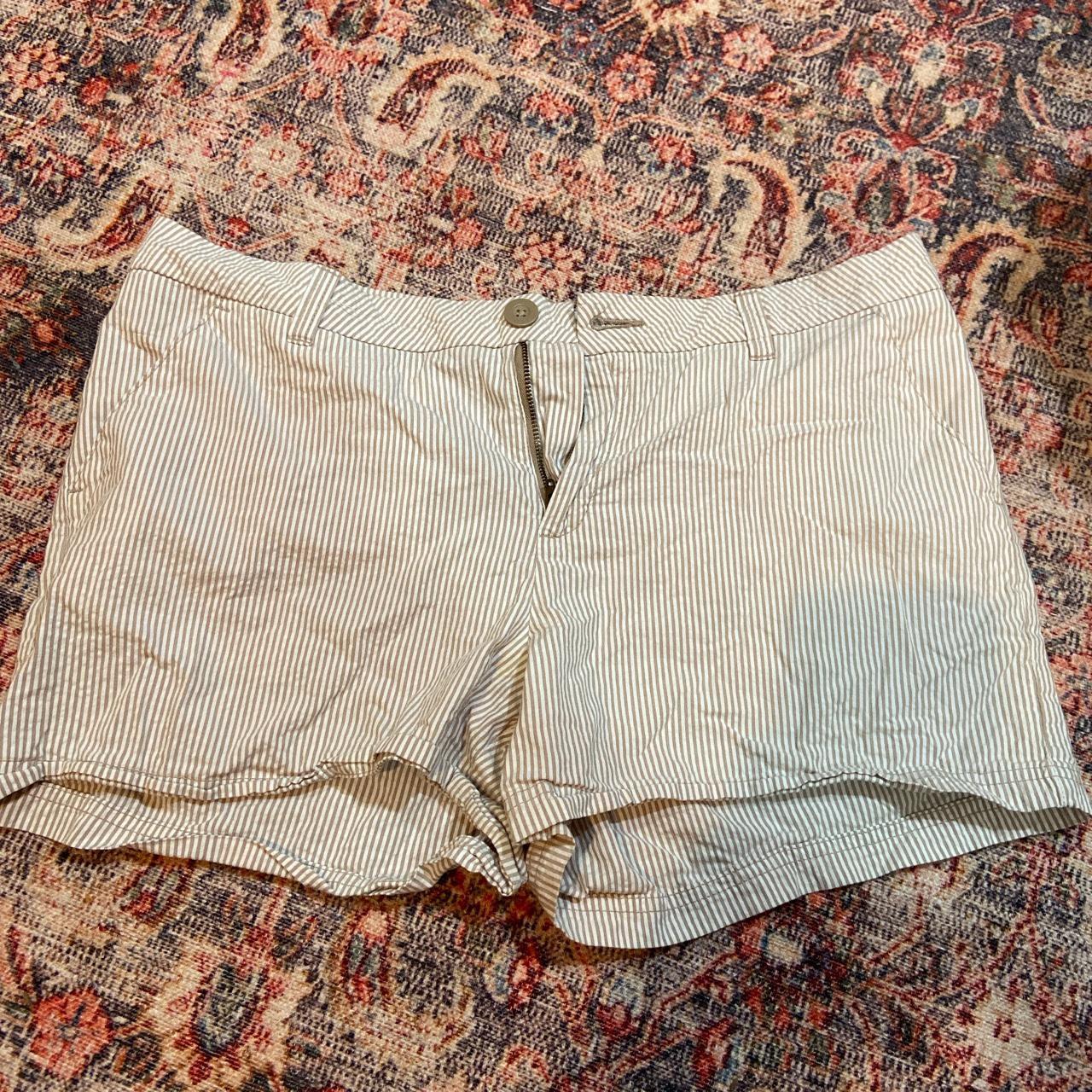 Khaki and white striped shorts with pockets and... - Depop