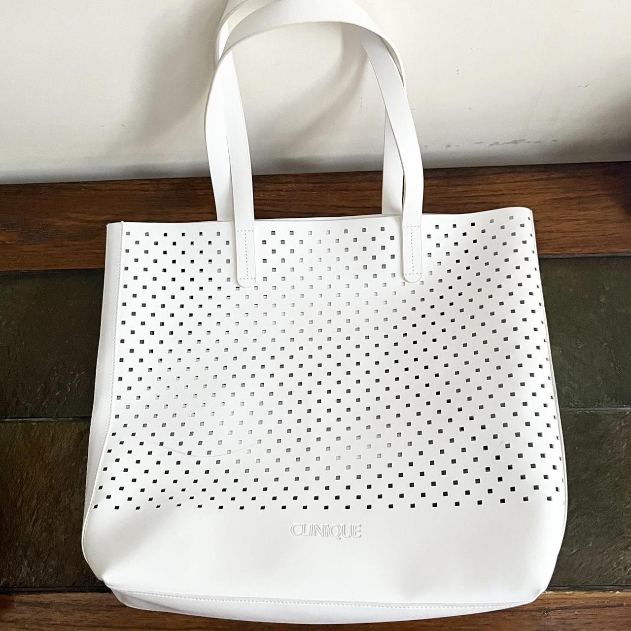 Clinique Large White Faux Leather Perforated Tote. Depop