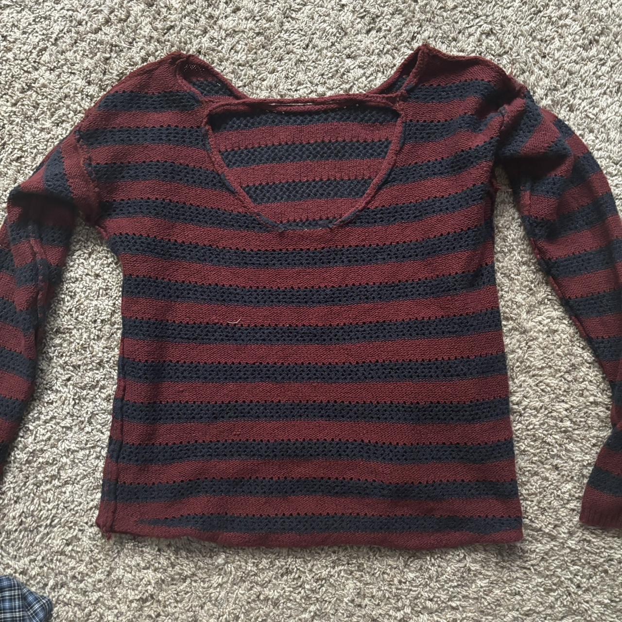 dark red and navy striped sweater open back navy... - Depop