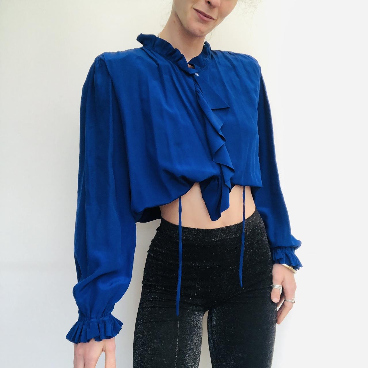 Vintage cobalt blue silky shirt cardigan top with... - Depop