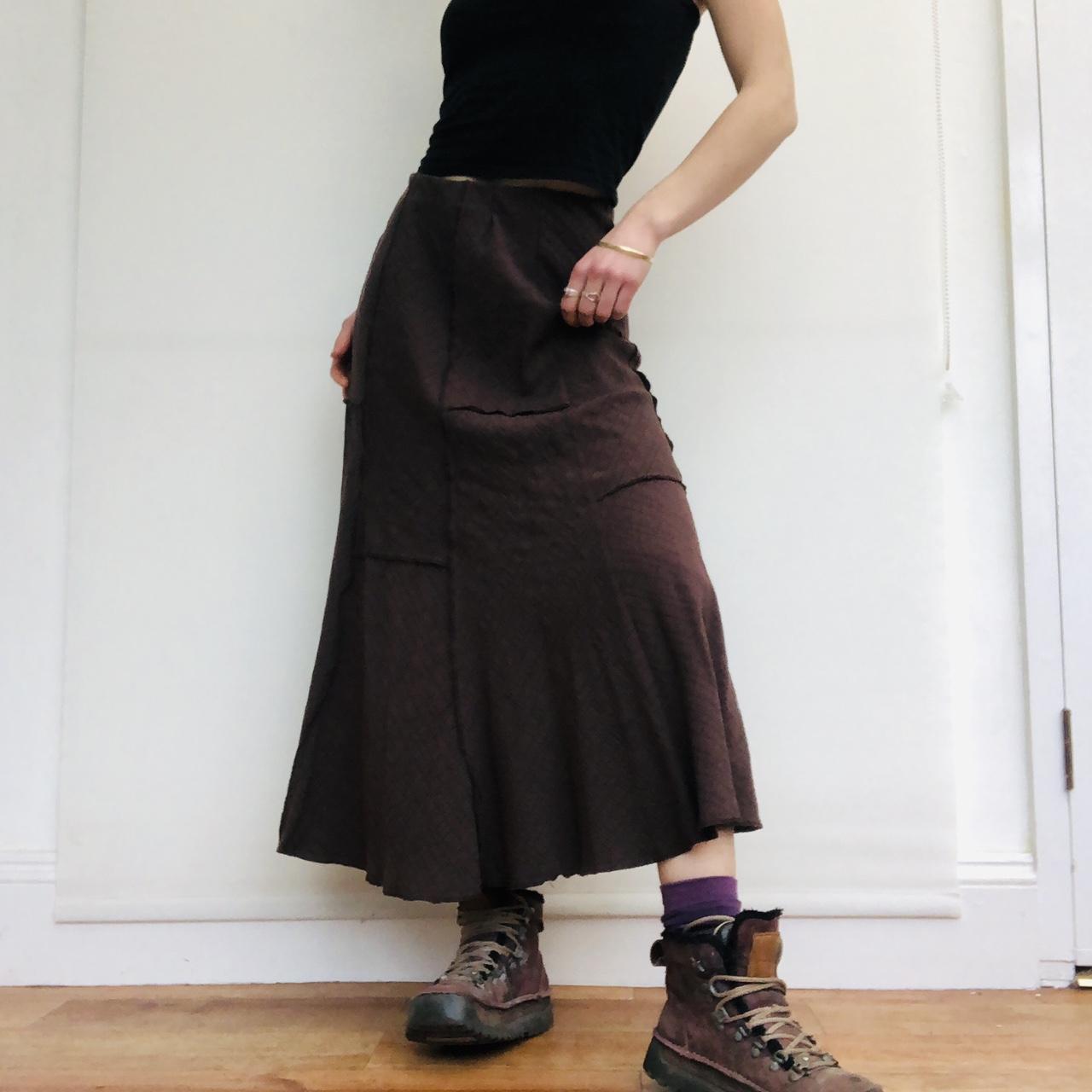 Vintage brown patchwork midi skirt made from wool... Depop