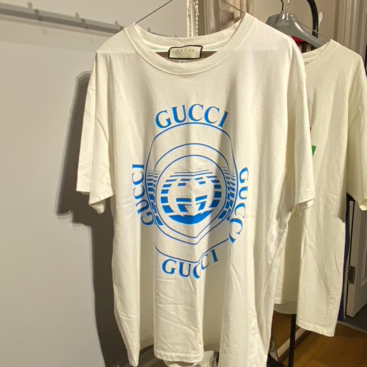 White and Blue Gucci Print T-shirt #Gucci #Tshirt - Depop