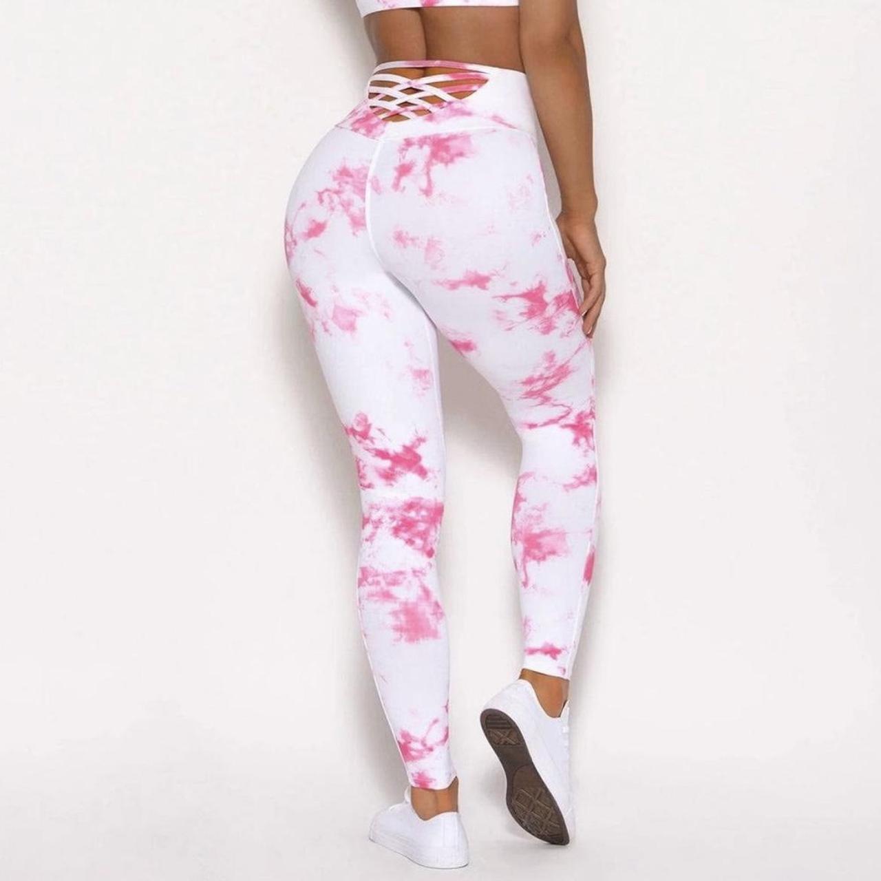 Bombshell Sportswear Sexy Back Leggings Pink & White - Depop