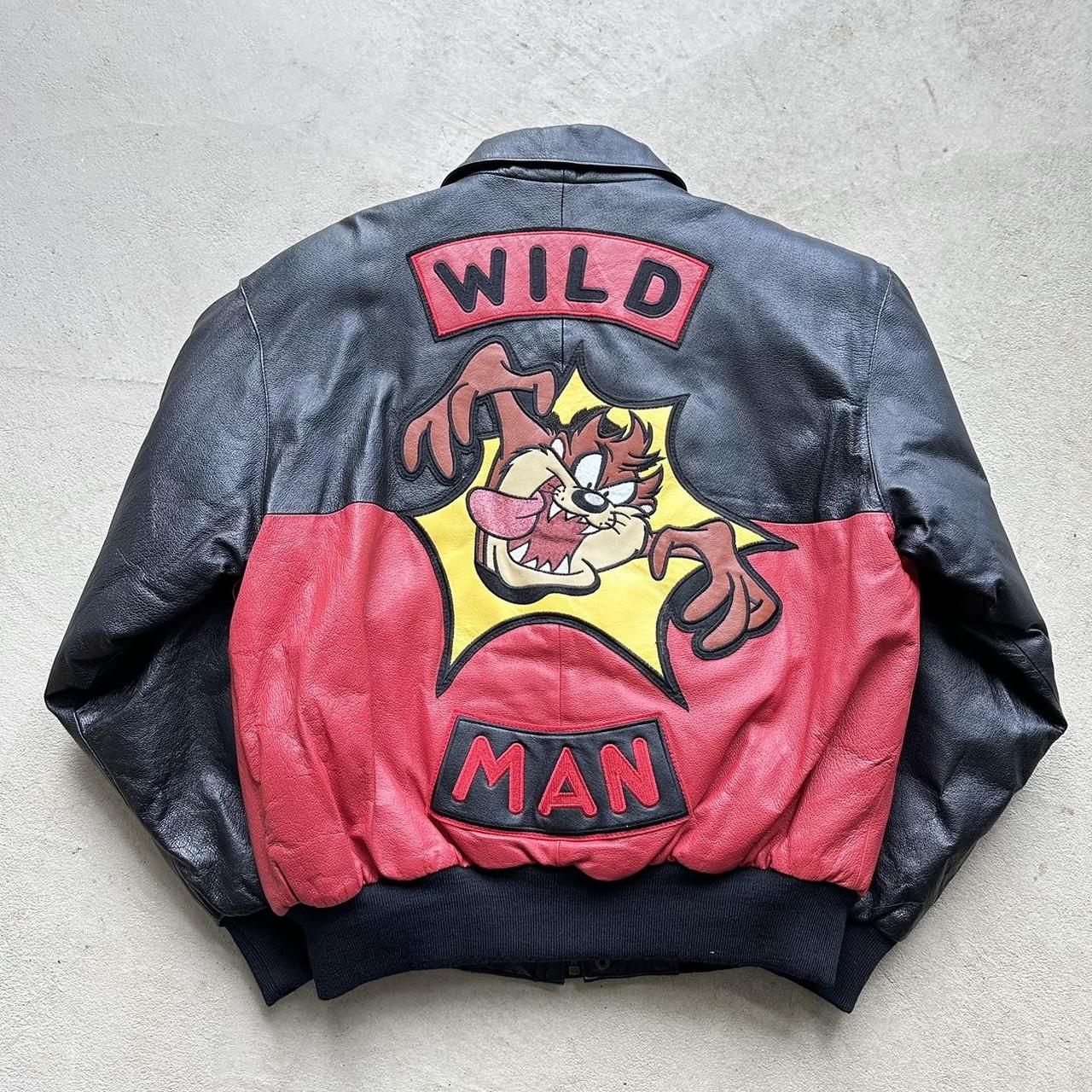 m*x様 90s dead Stock short wool bomber ja Rare Vintage '98 Taz Leather Bomber Jacket •Size | Depop