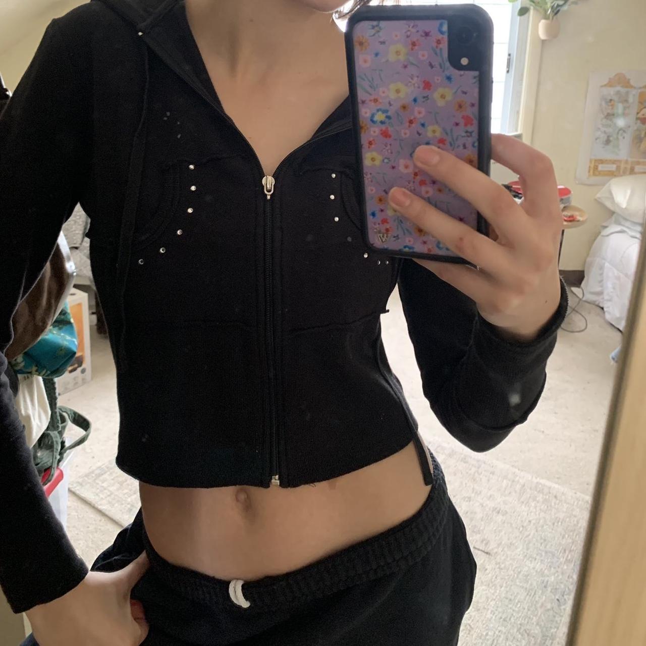 Small cropped black jeweled zip up - Depop
