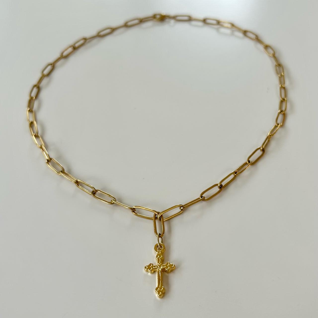 This Gold Paperclip Chain Cross Necklace... - Depop