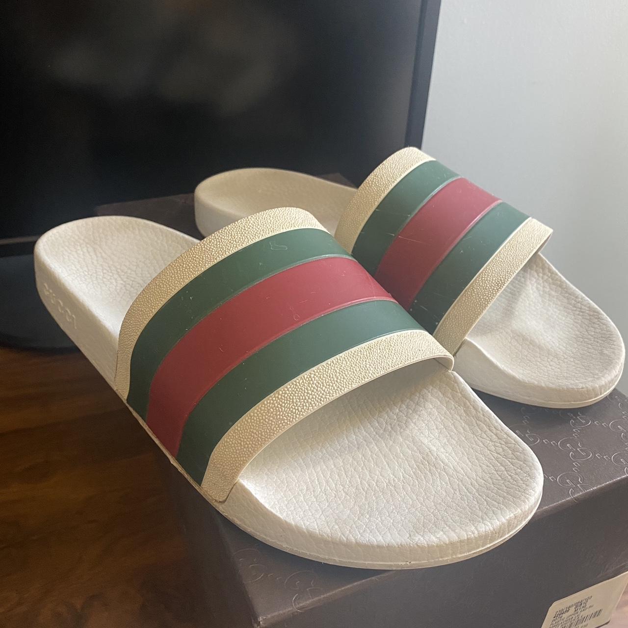 Brand New Men's Gucci Red, White Blue Web Stripe Slides