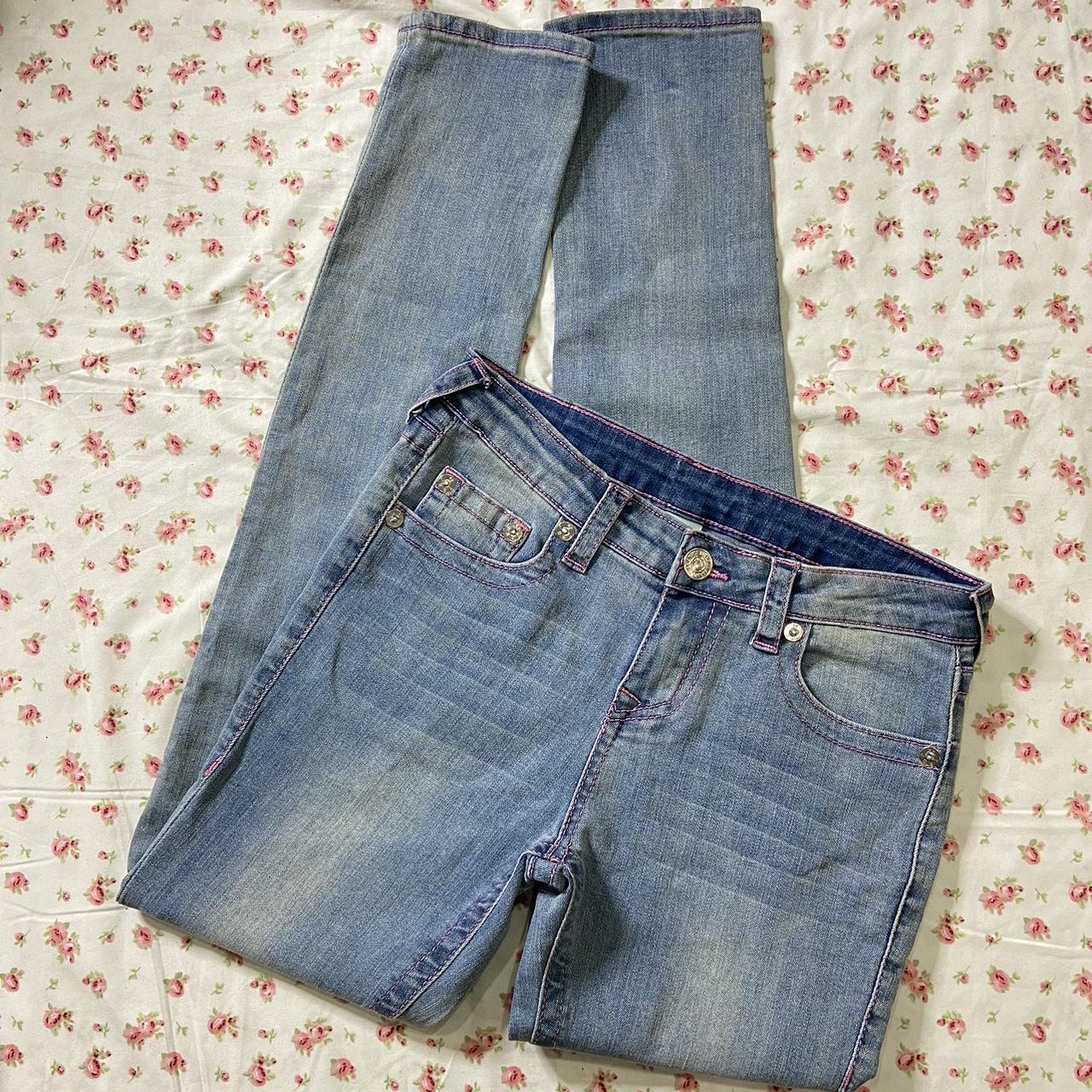 pink stitching True Religion skinny jeans • size... - Depop