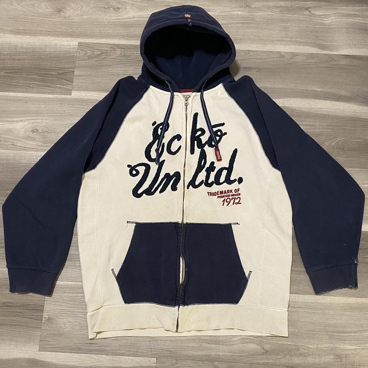 Ecko Unltd. Men's Navy and Cream Jumper | Depop