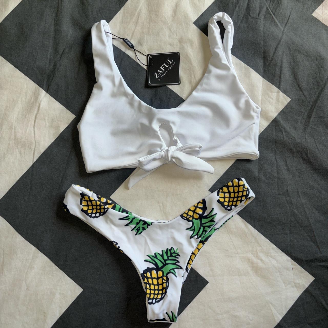 Pineapple Print Thong Bottom Bikini Set In White Depop