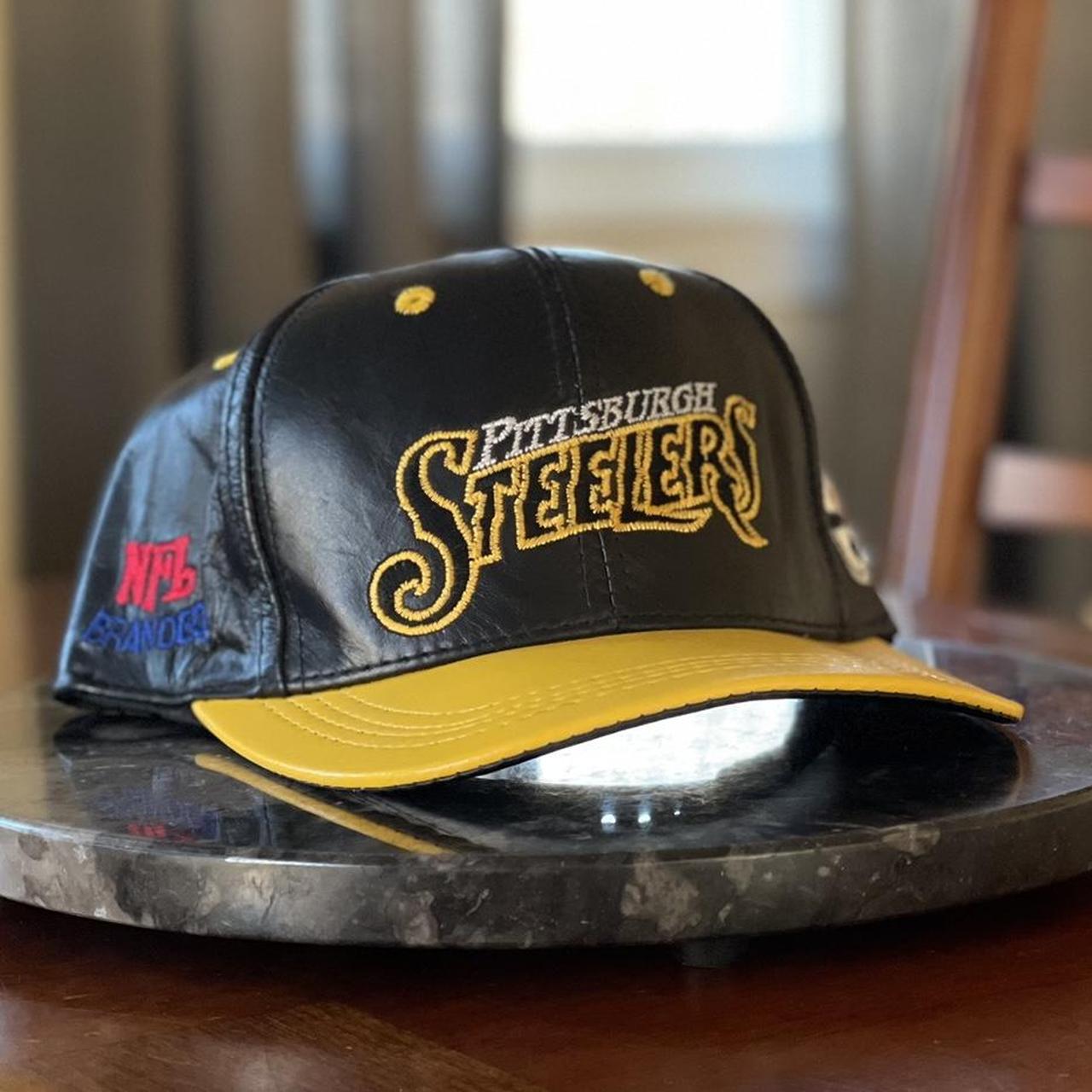 VINTAGE Pittsburgh Steelers Genuine Leather Hat Spell Out Made in