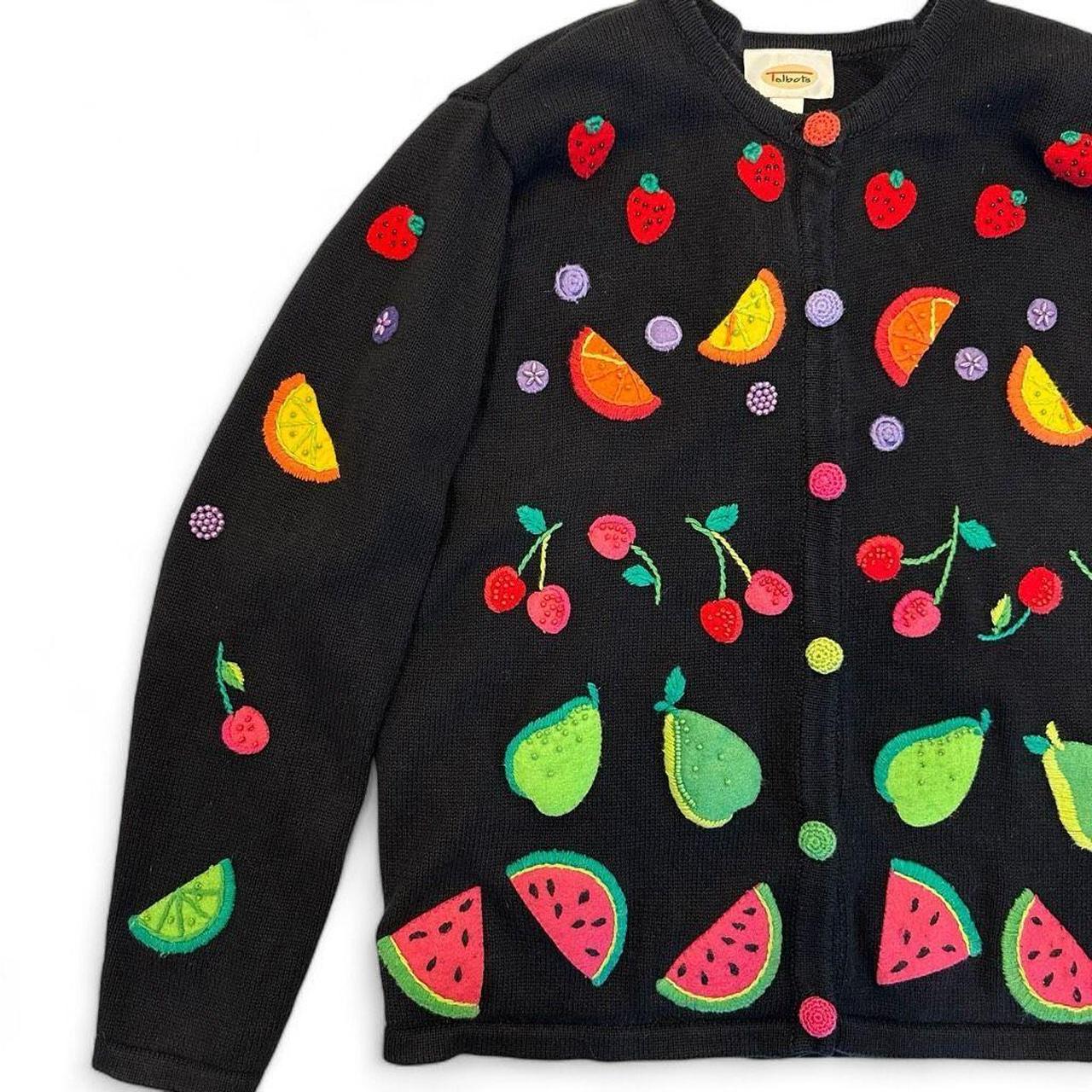 Hot Vintage Talbots Black Fruit Colorful Cardigan Sweater Medium