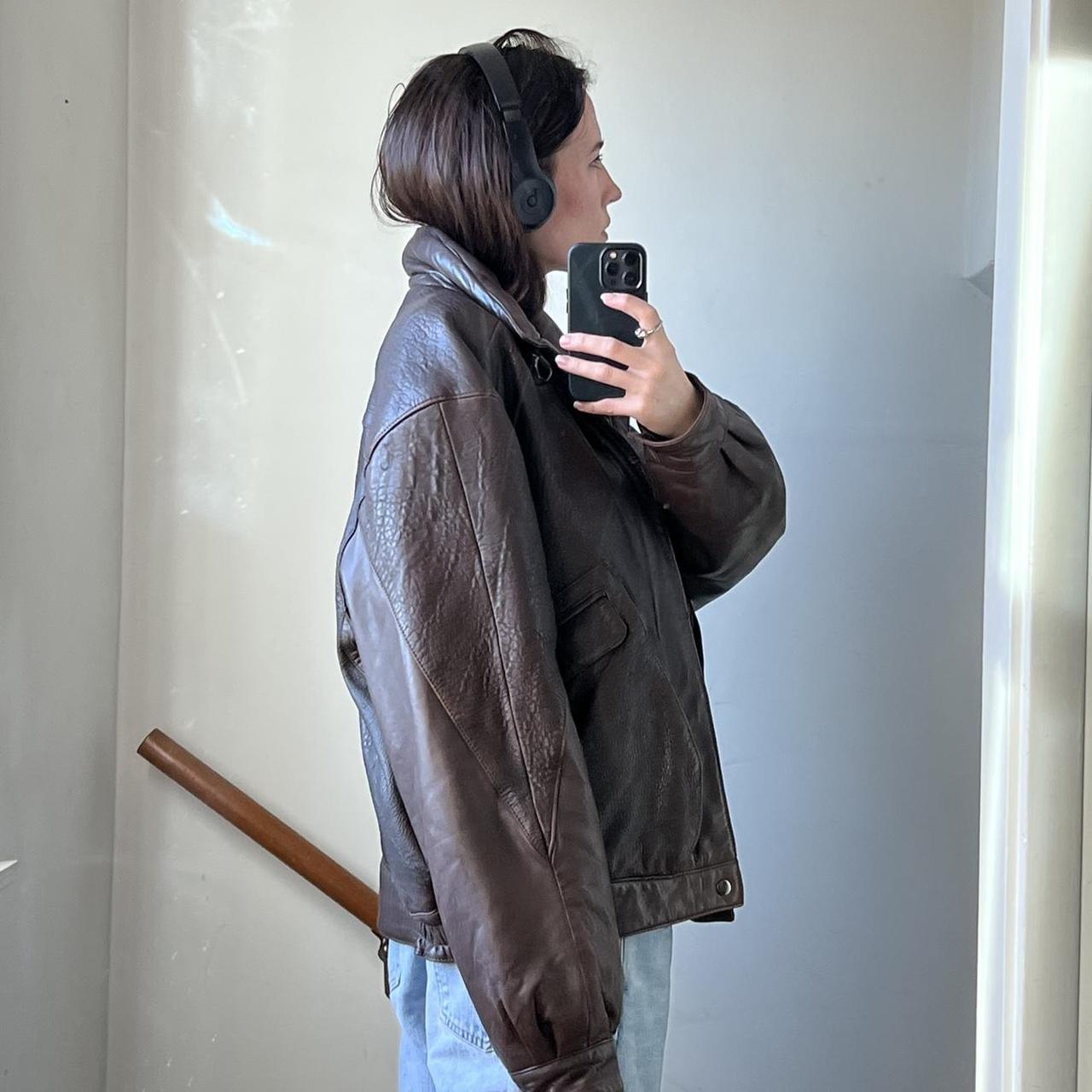 Vintage Leather Bomber Jacket. Dark Brown Genuine... - Depop