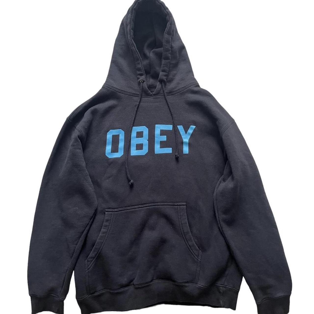 Obey navy hoodie Slightly oversized Size small but... - Depop