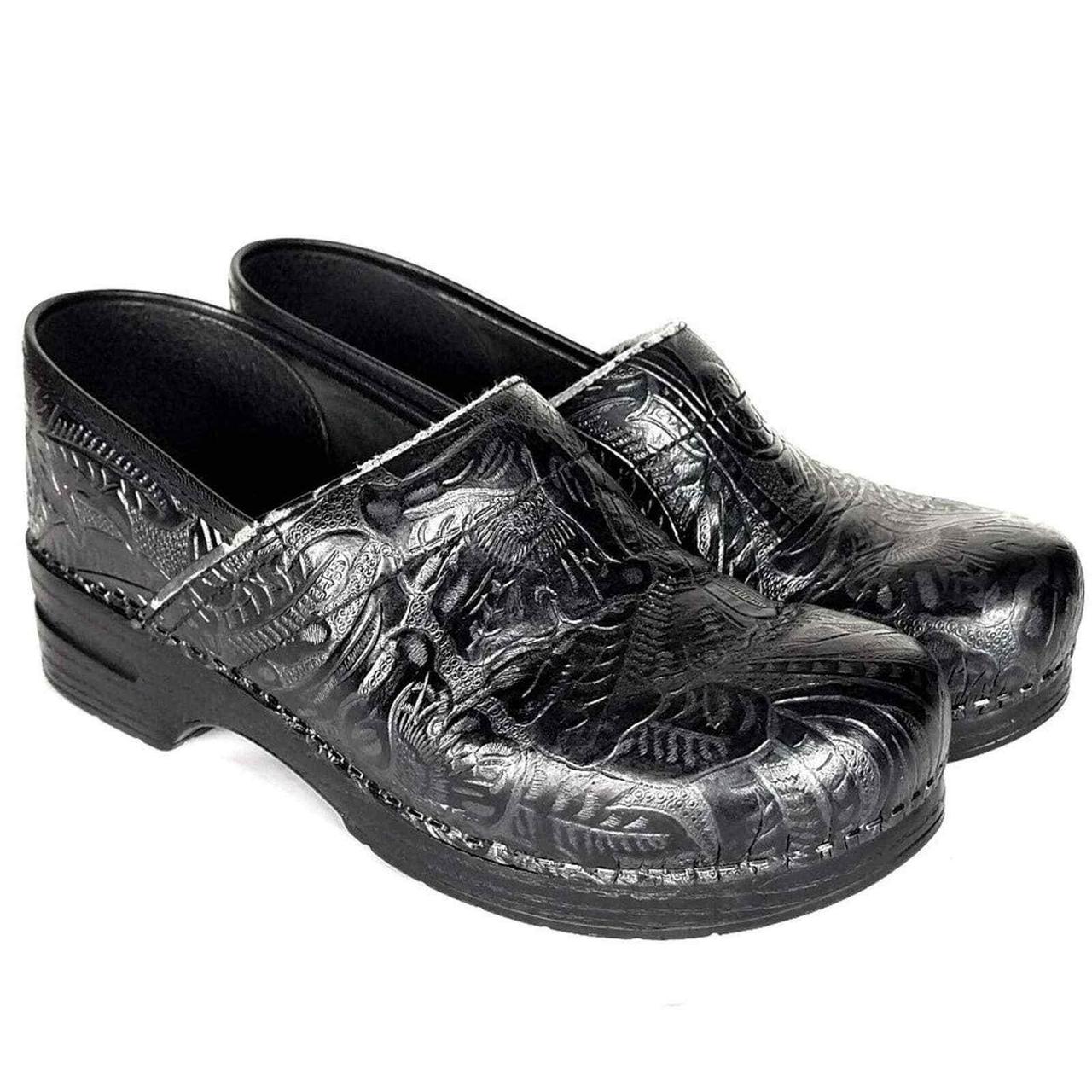 dansko grey tooled patent leather
