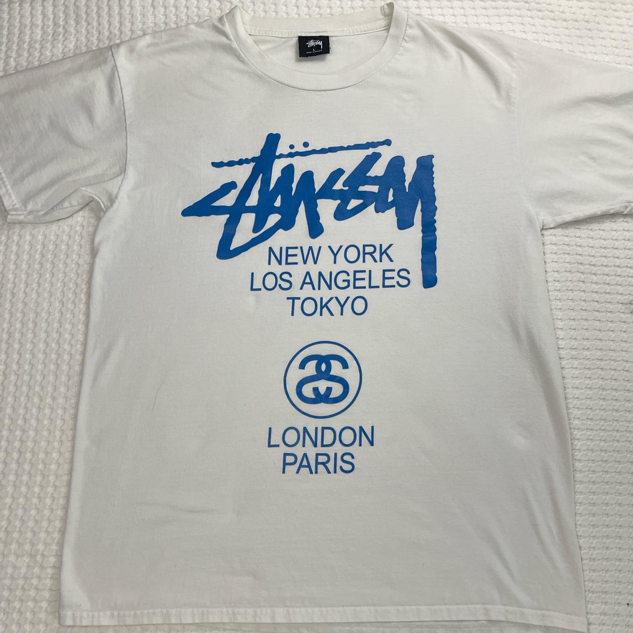Stussy World Tour T Shirt White & Blue Size Large | Depop