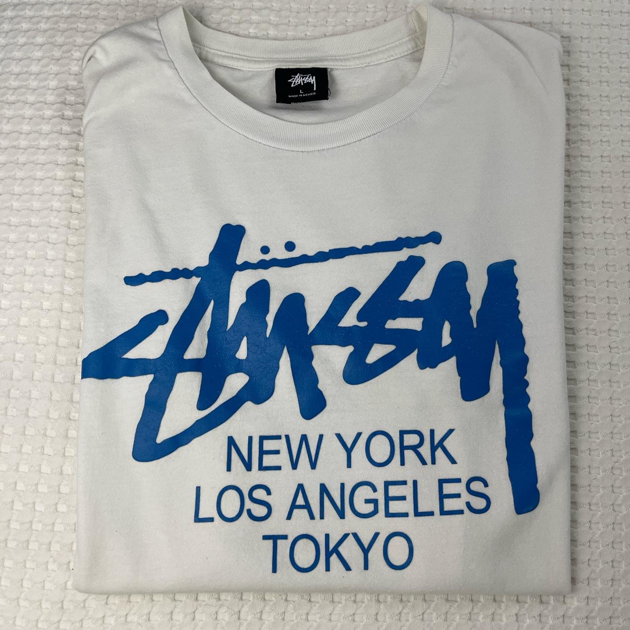 Stussy World Tour T Shirt White & Blue Size Large | Depop