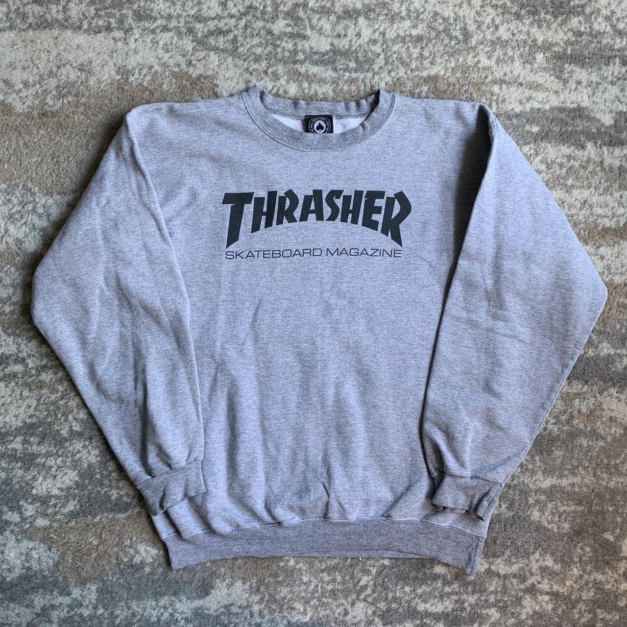 Thrasher Skateboard Magazine Grey Sweatshirt Jumper... - Depop