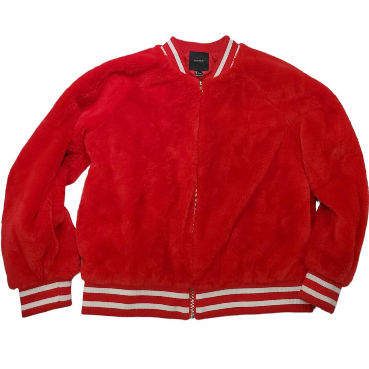 Forever 21 Red, Fluffy "Taken" Varsity Jacket Depop