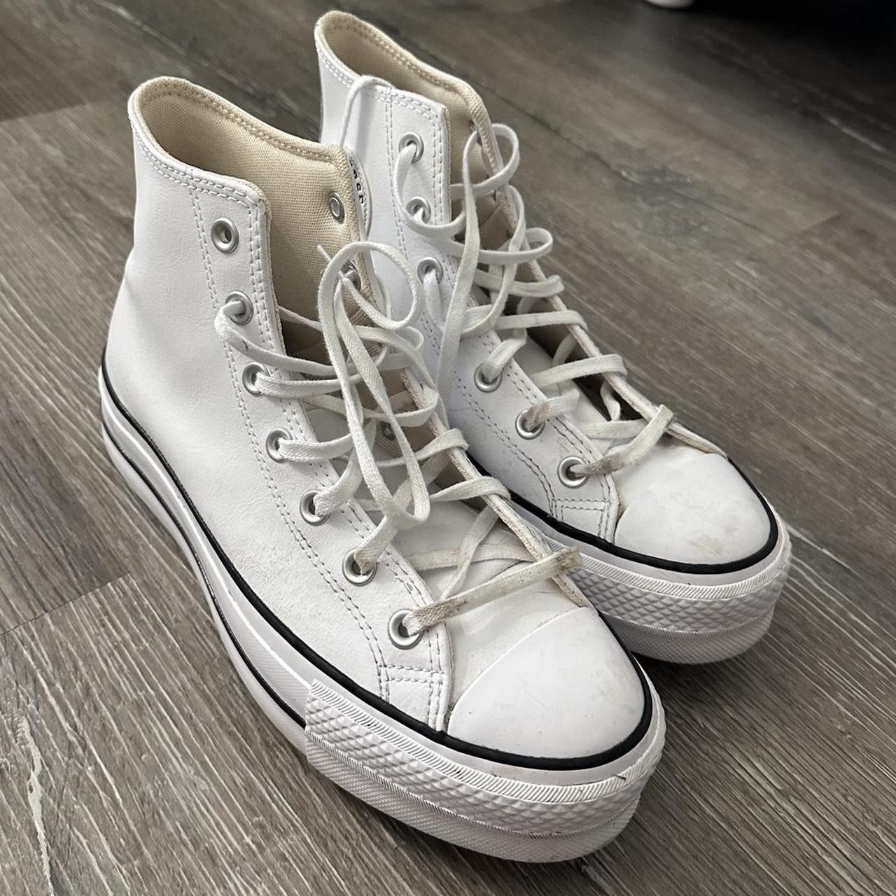 White Leather High-Top Converse SZ: 8.5 WORN ONCE!... - Depop