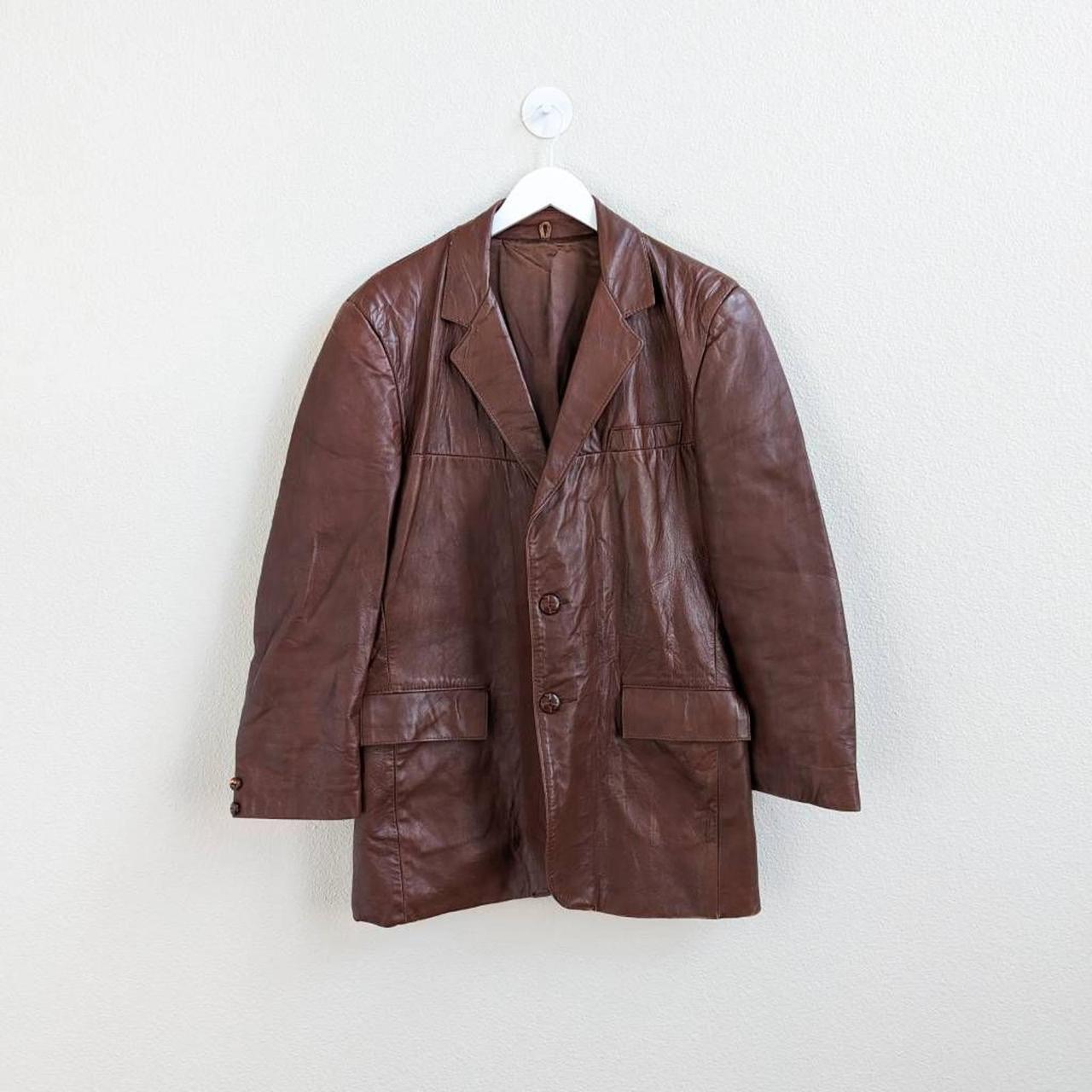 Vintage Leather Jacket Brown Button Flap Pockets SZ... - Depop