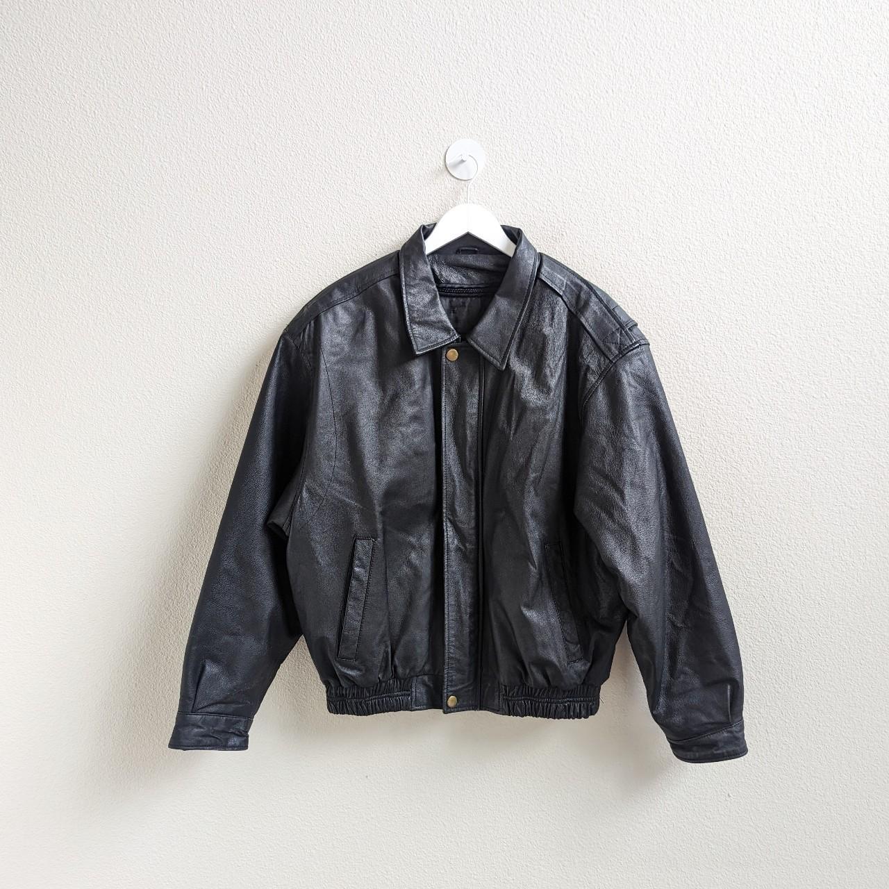 90s Vintage Black Leather Bomber Jacket. Zip up.... - Depop