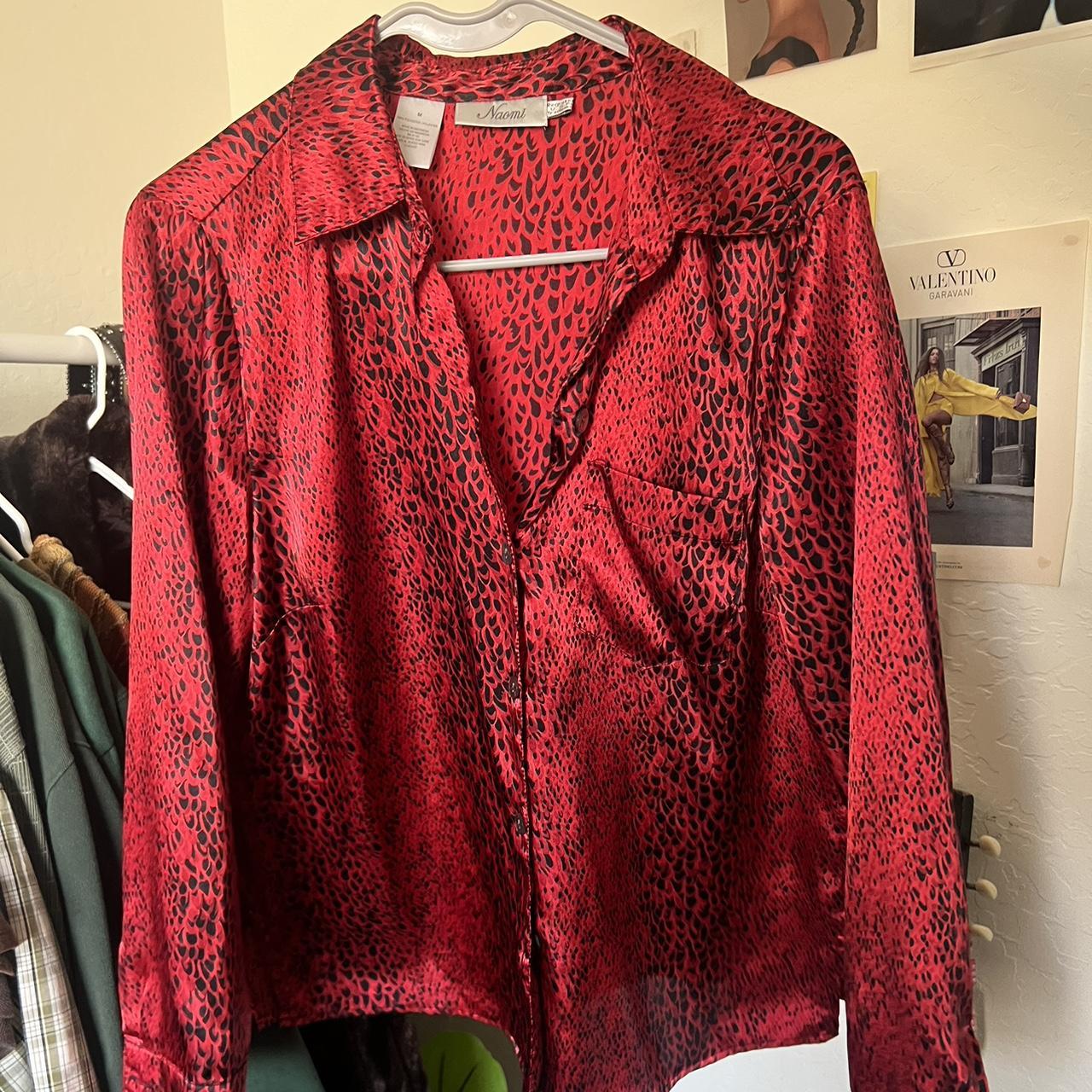 Red and black pattern silky button up top from... Depop