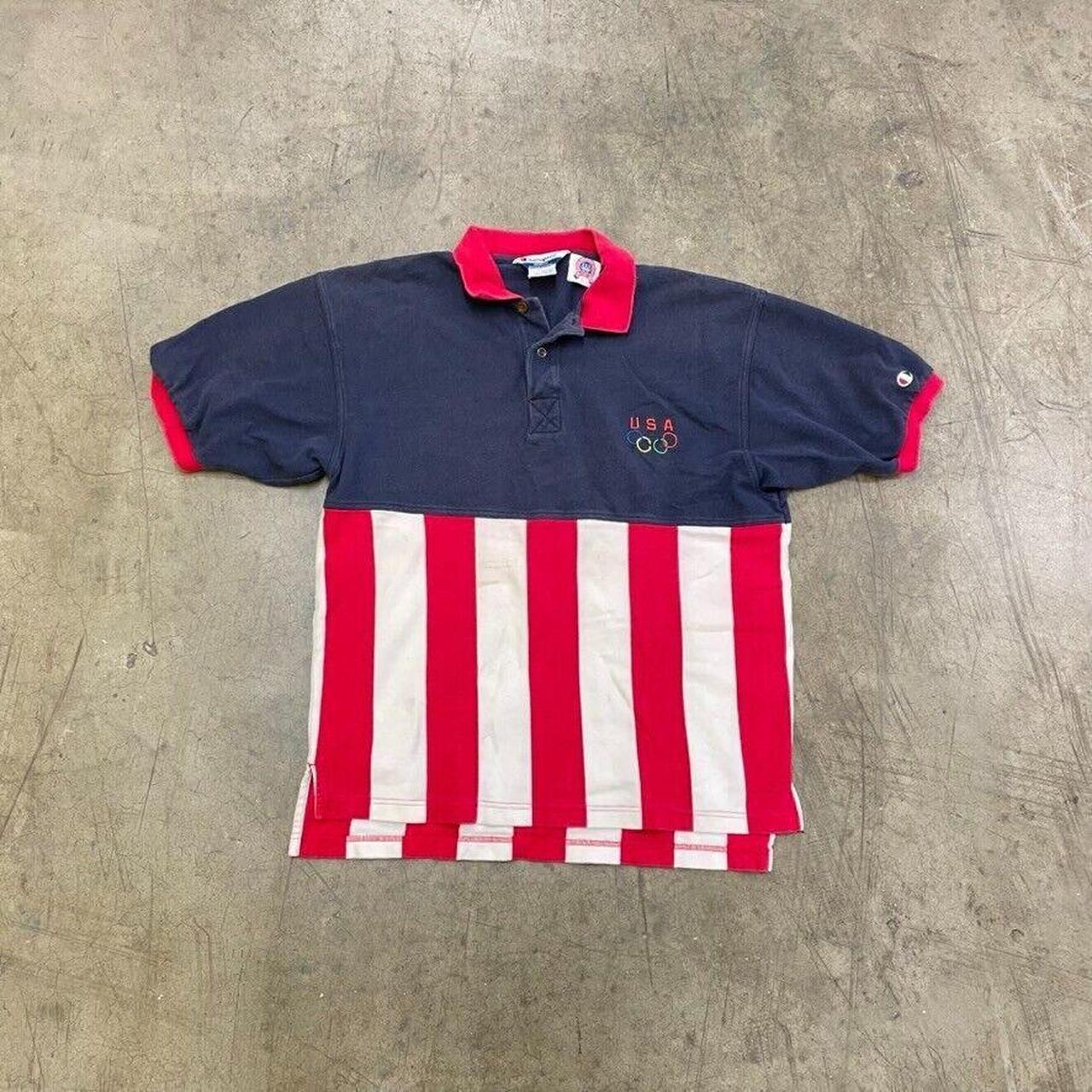 Champion Shirt USA Olympics 90s Striped Short Sleeve... - Depop