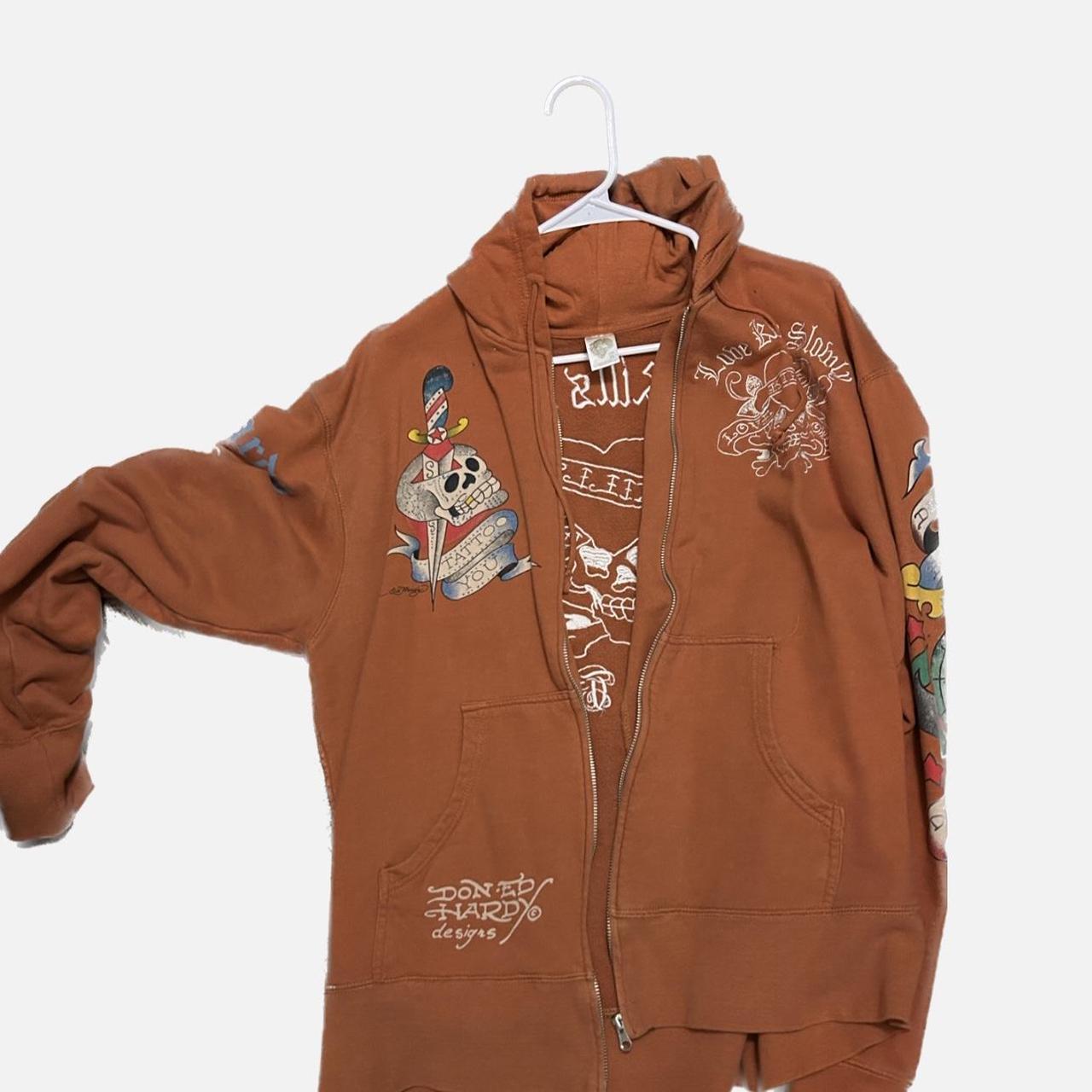 Ed Hardy Men's Orange and White Hoodie Depop