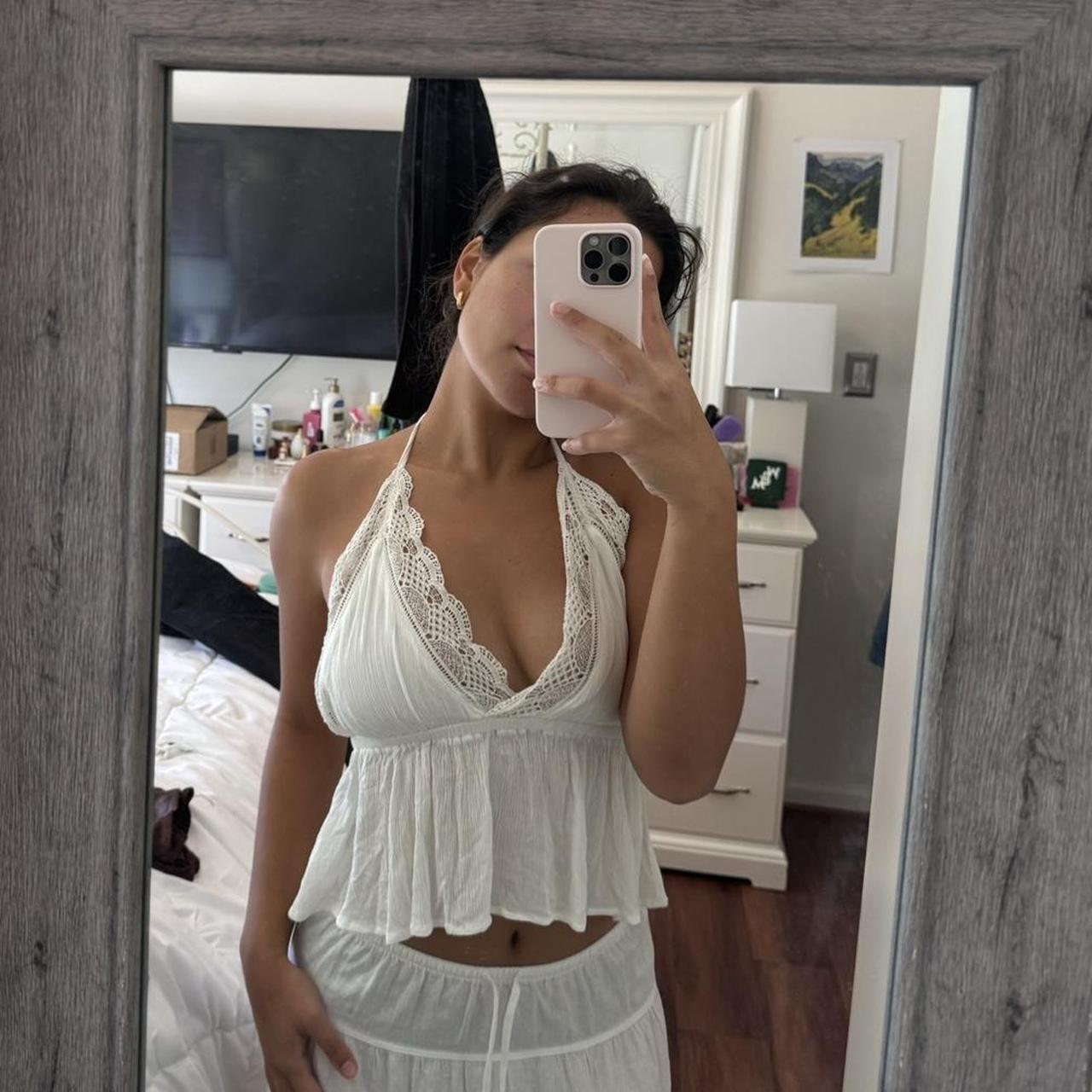White lace cami top with halter neck and adjustable... - Depop