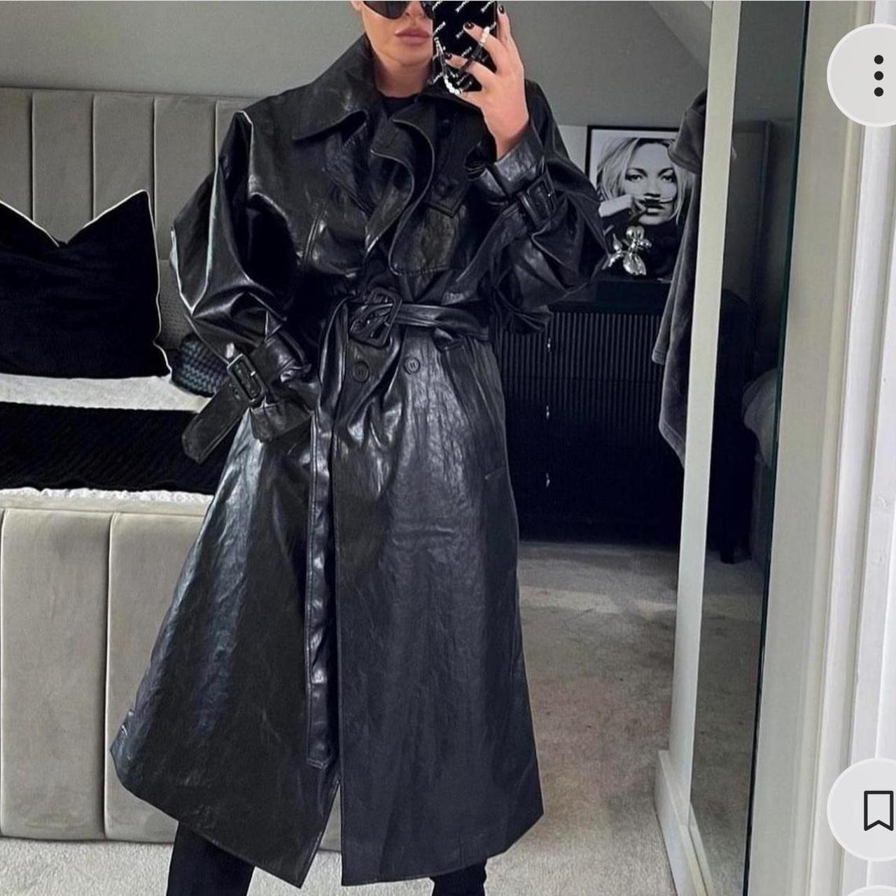 Zara faux leather selling belted trench coat black new with tag Size L