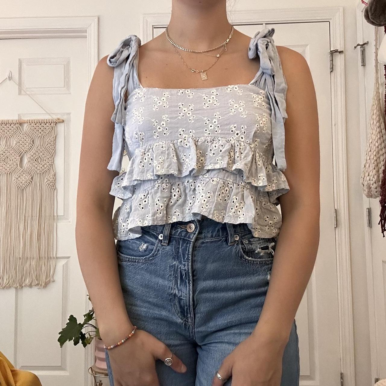 adorable blue ruffle baby doll top! the straps are... - Depop