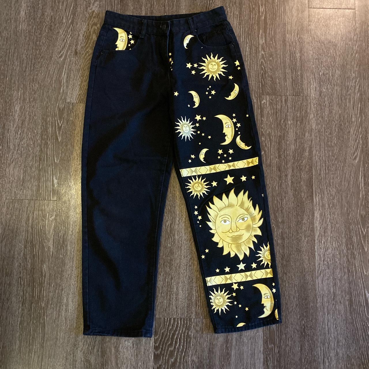 Black jeans with painted sun, moon, and stars - Depop