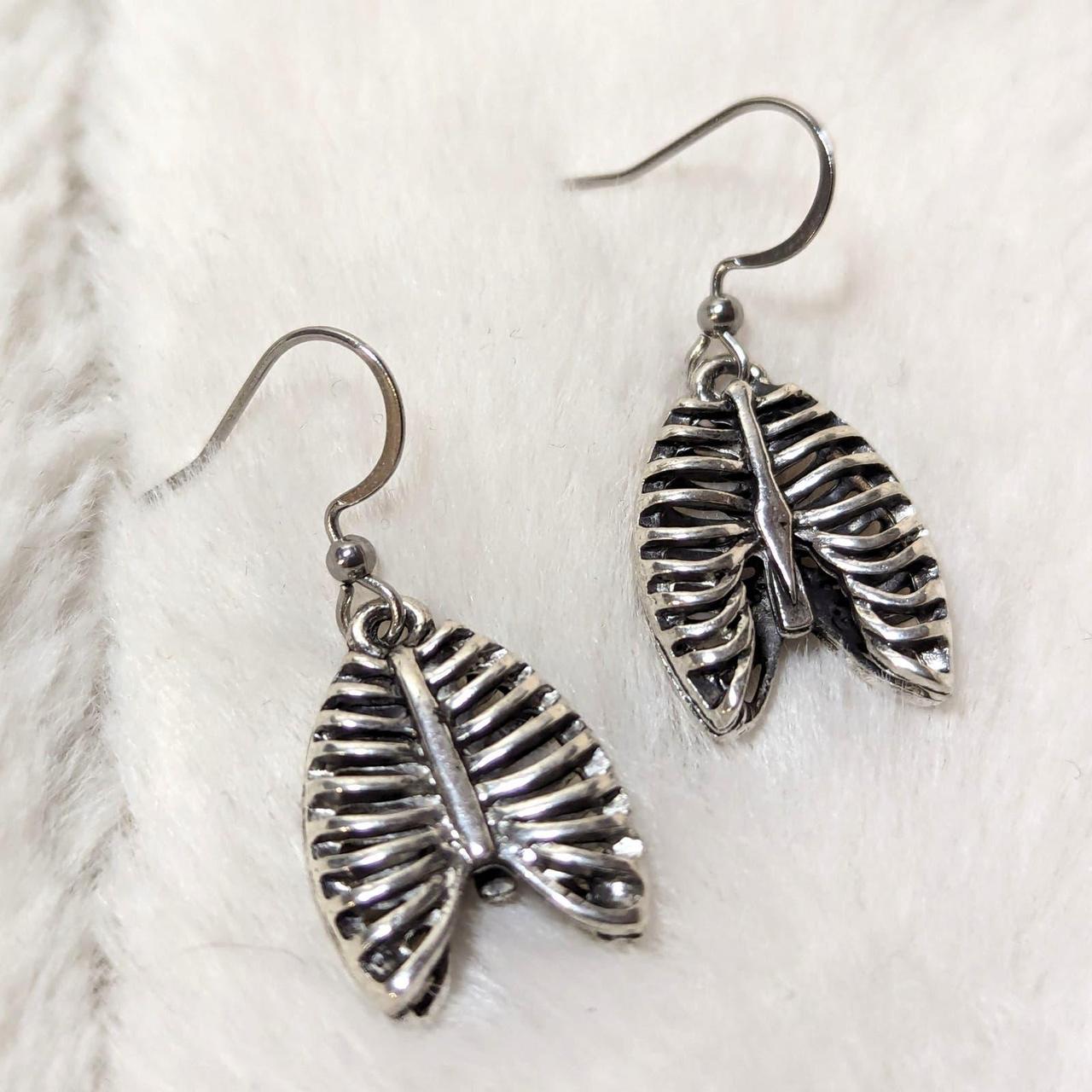 Gothic Style Rib Cage Silver Charm Earrings Comes... - Depop