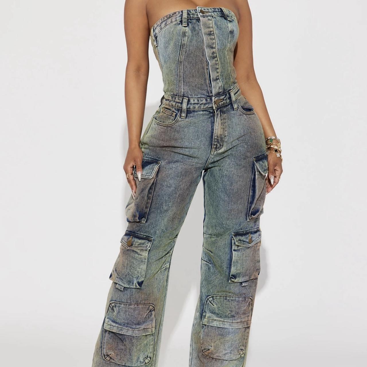 Blue and navy denim jumpsuit with cargo Depop