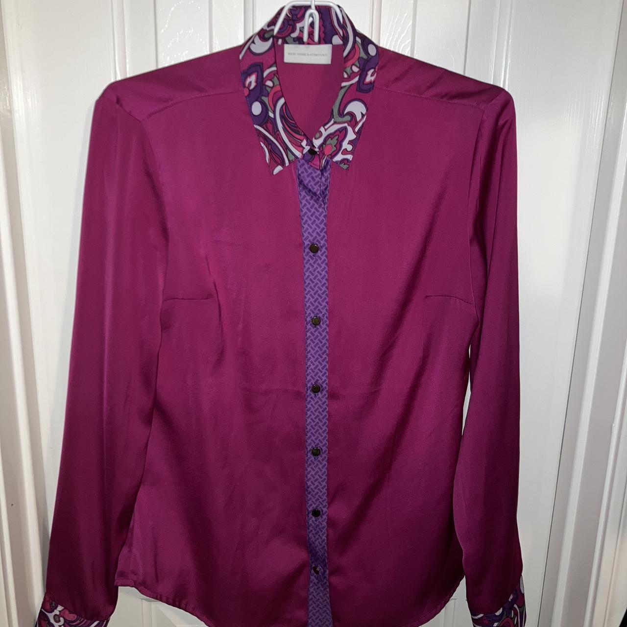 Pink button up shirt with purple and white groovy... - Depop